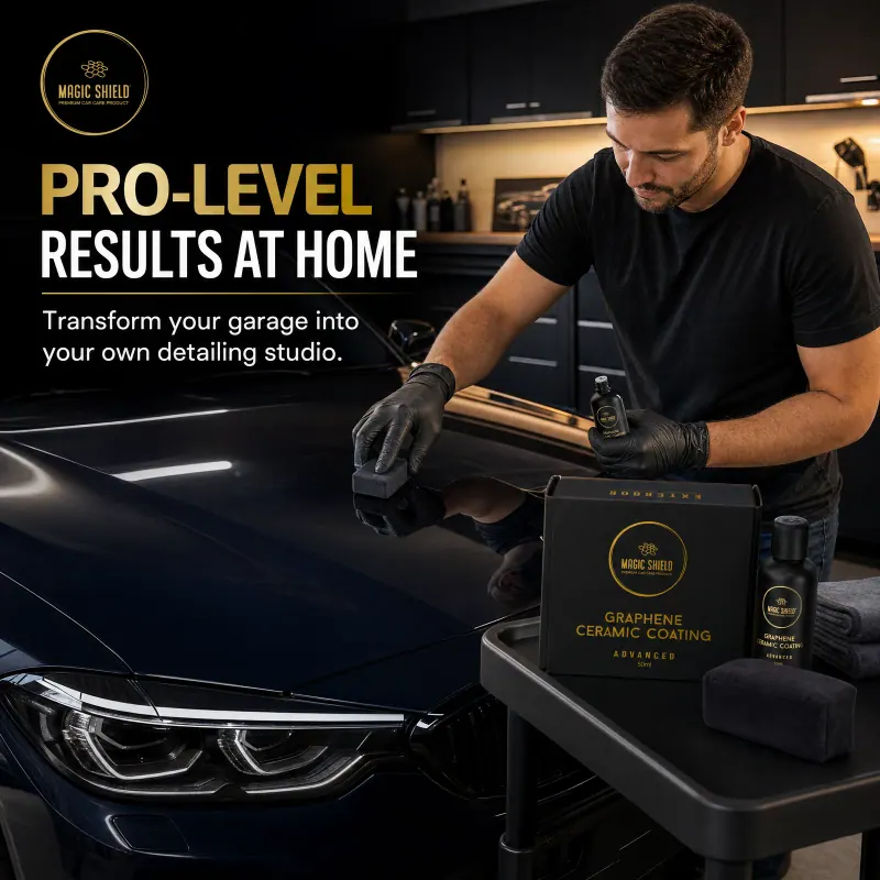 Applying Magic Shield Graphene Ceramic Coating to a dark sports car in a garage