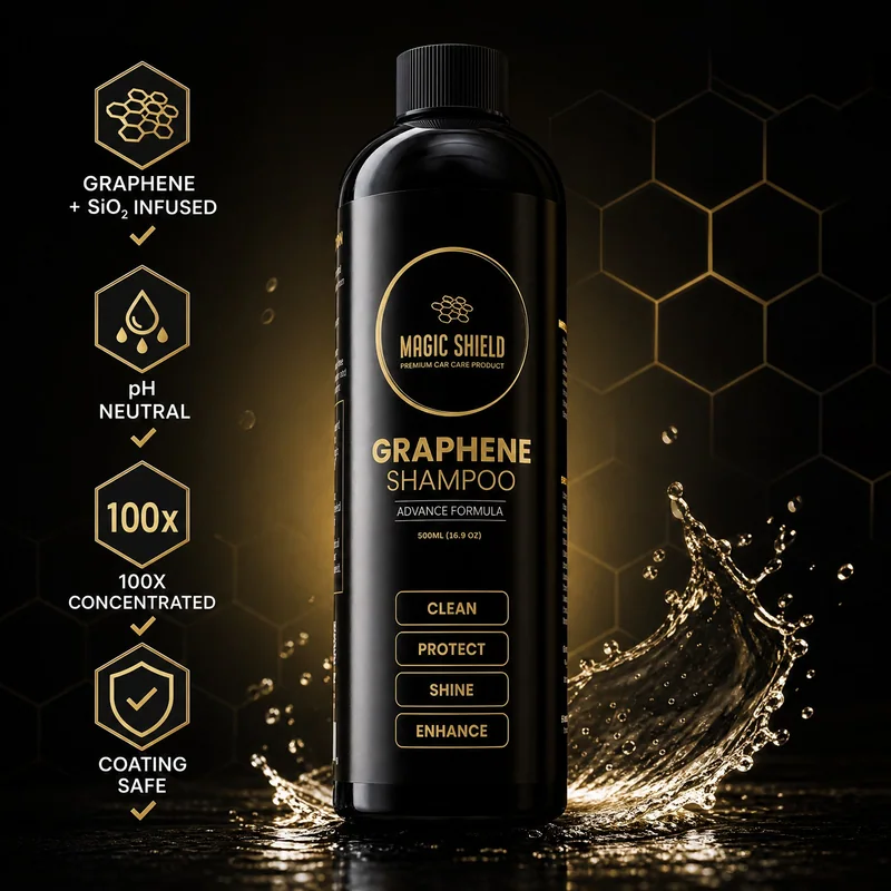 Magic Shield Graphene Shampoo bottle with graphene, pH-neutral and coating-safe benefits