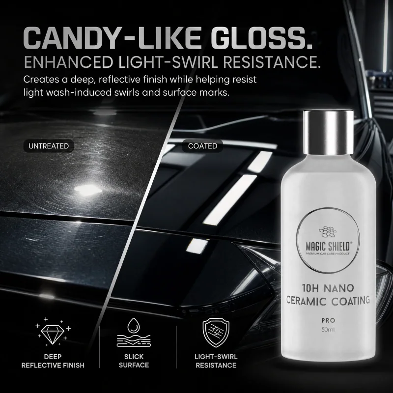 Deep reflective gloss and light swirl resistance from Magic Shield Ceramic Coating PRO 10H