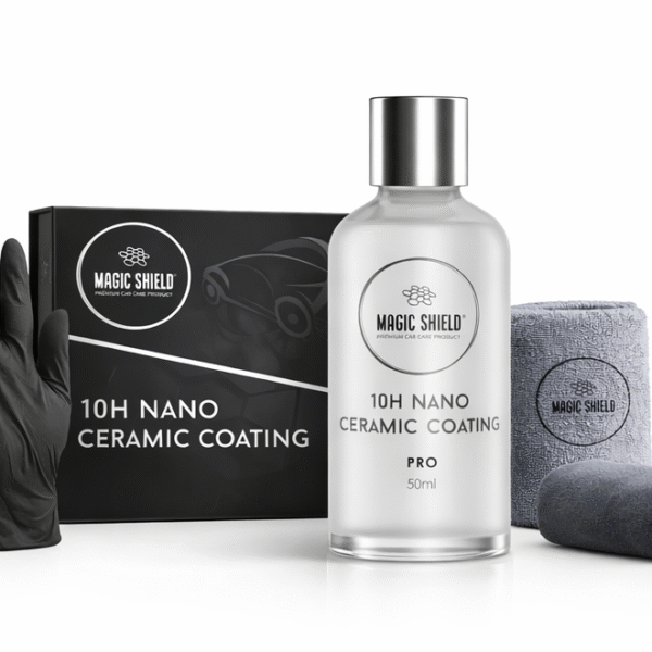 Magic Shield Ceramic Coating PRO 10H kit with bottle, box, applicator, towel and gloves
