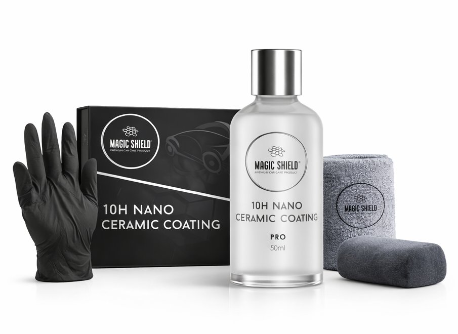 Magic Shield Ceramic Coating PRO 10H kit with bottle, box, applicator, towel and gloves