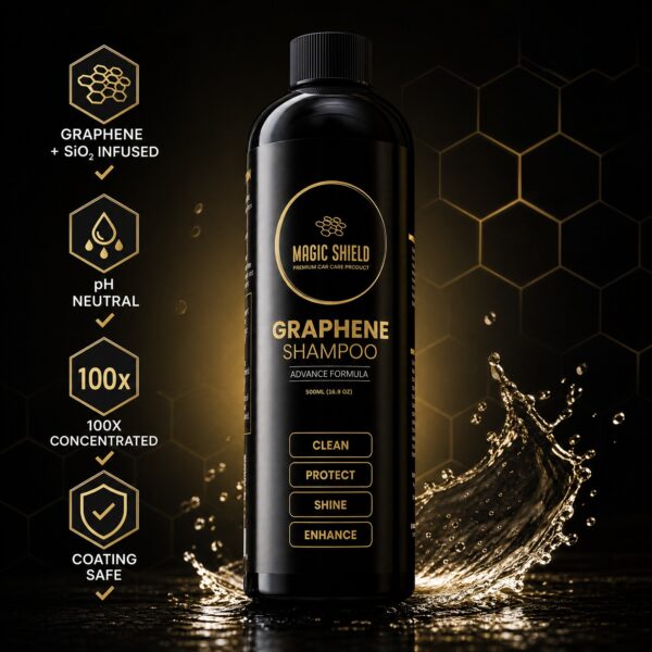 Magic Shield Graphene Shampoo bottle with graphene, pH-neutral and coating-safe benefits