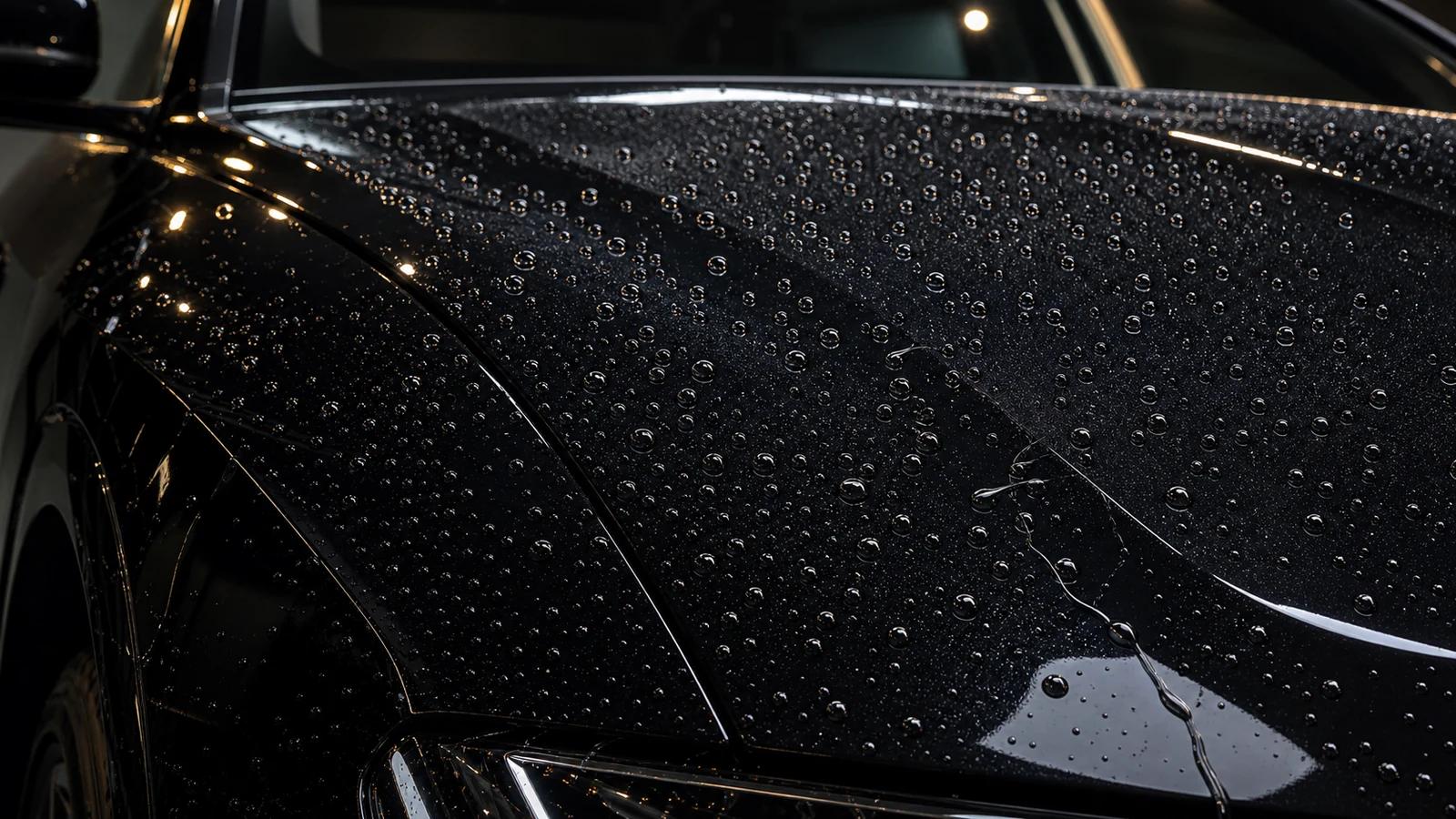 Hydrophobic water beads on a deep-gloss black vehicle finish