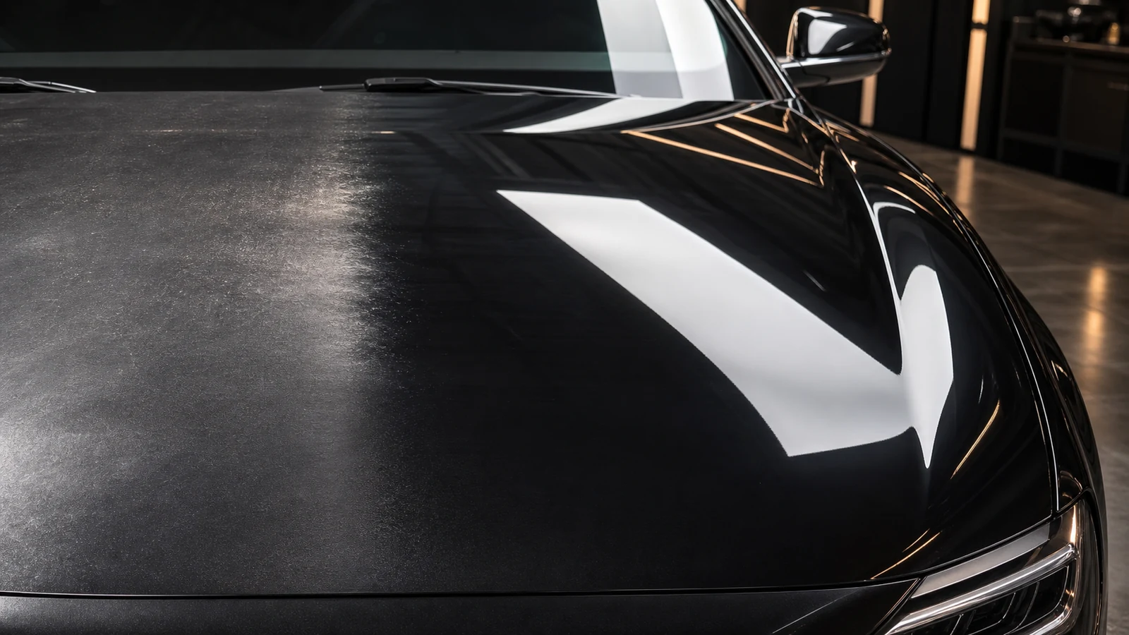 Illustrative comparison of hazy dark paint transitioning to a deep glossy finish