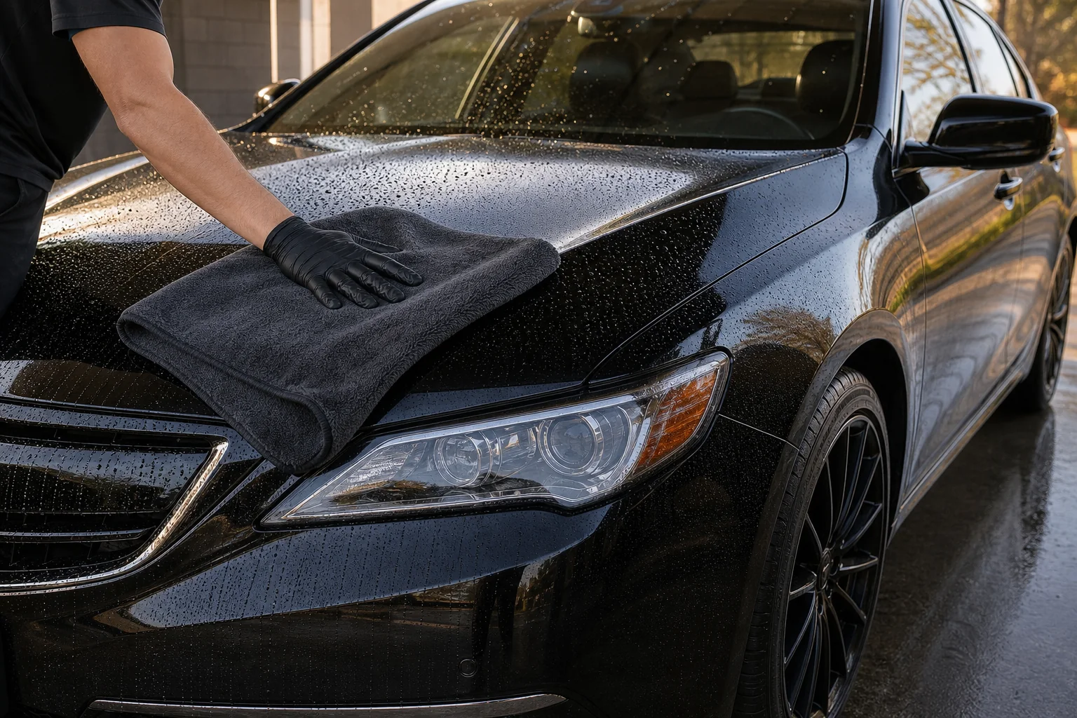 Drying a clean glossy vehicle after a Graphene Shampoo wash