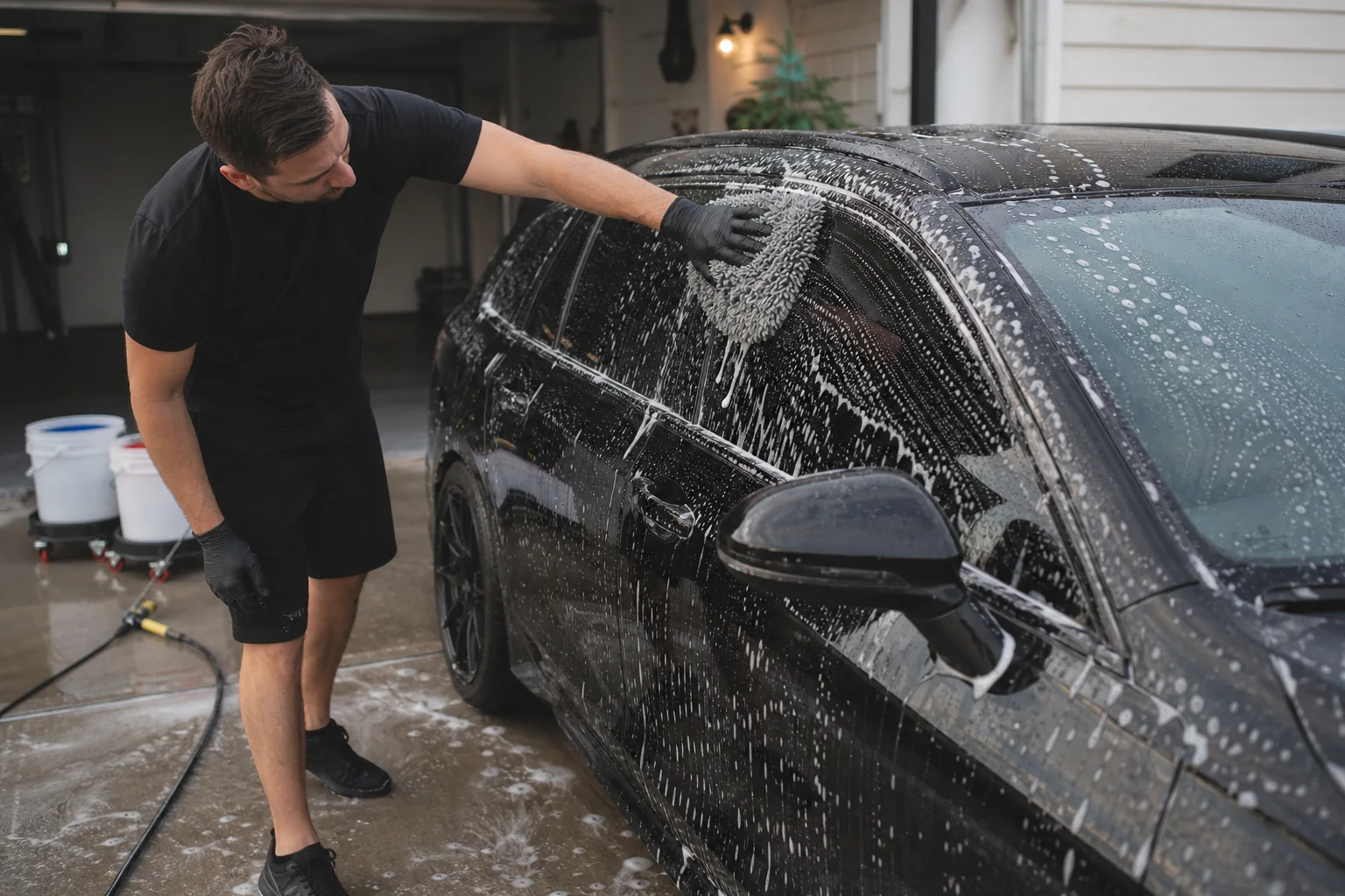 A wash mitt gliding over a foamed vehicle with Graphene Shampoo