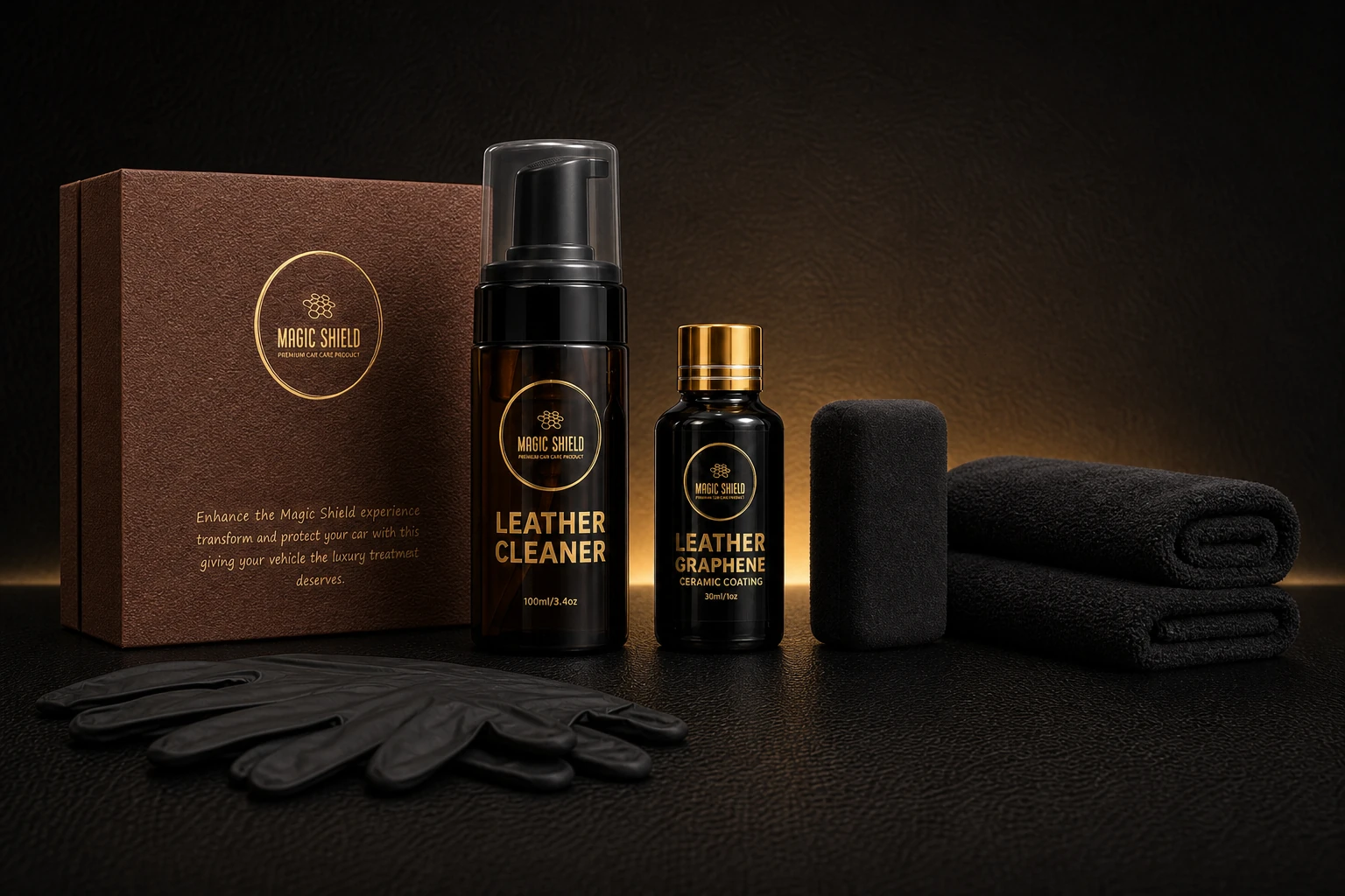Magic Shield complete Leather Graphene Ceramic Coating kit contents