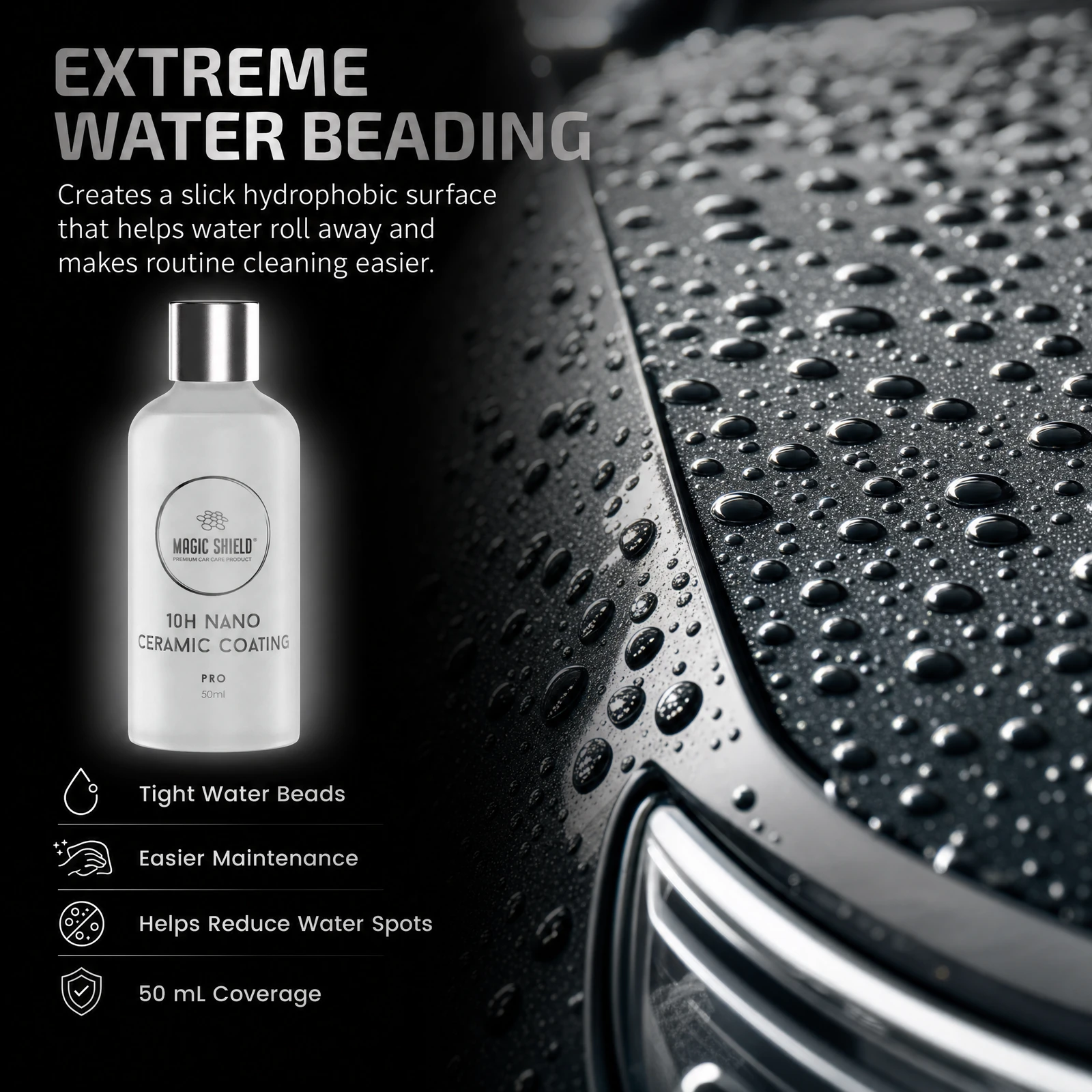 Water beading on a vehicle protected with Magic Shield Ceramic Coating PRO 10H