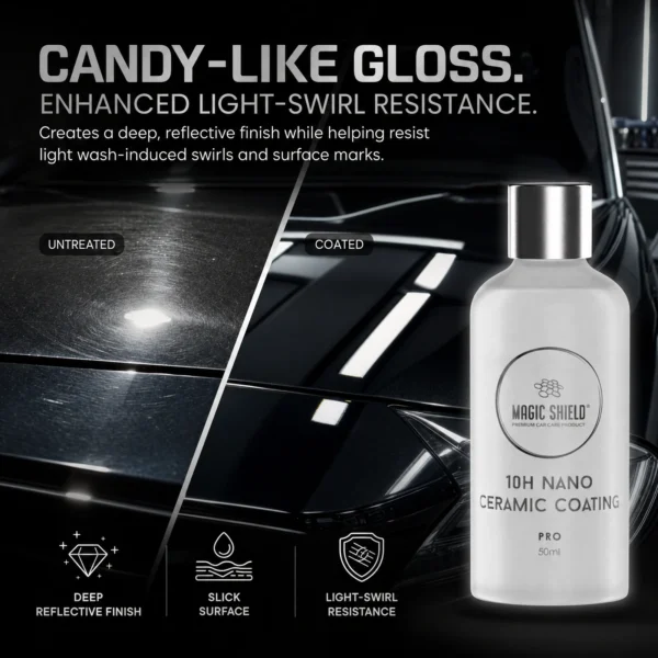Deep reflective gloss and light swirl resistance from Magic Shield Ceramic Coating PRO 10H