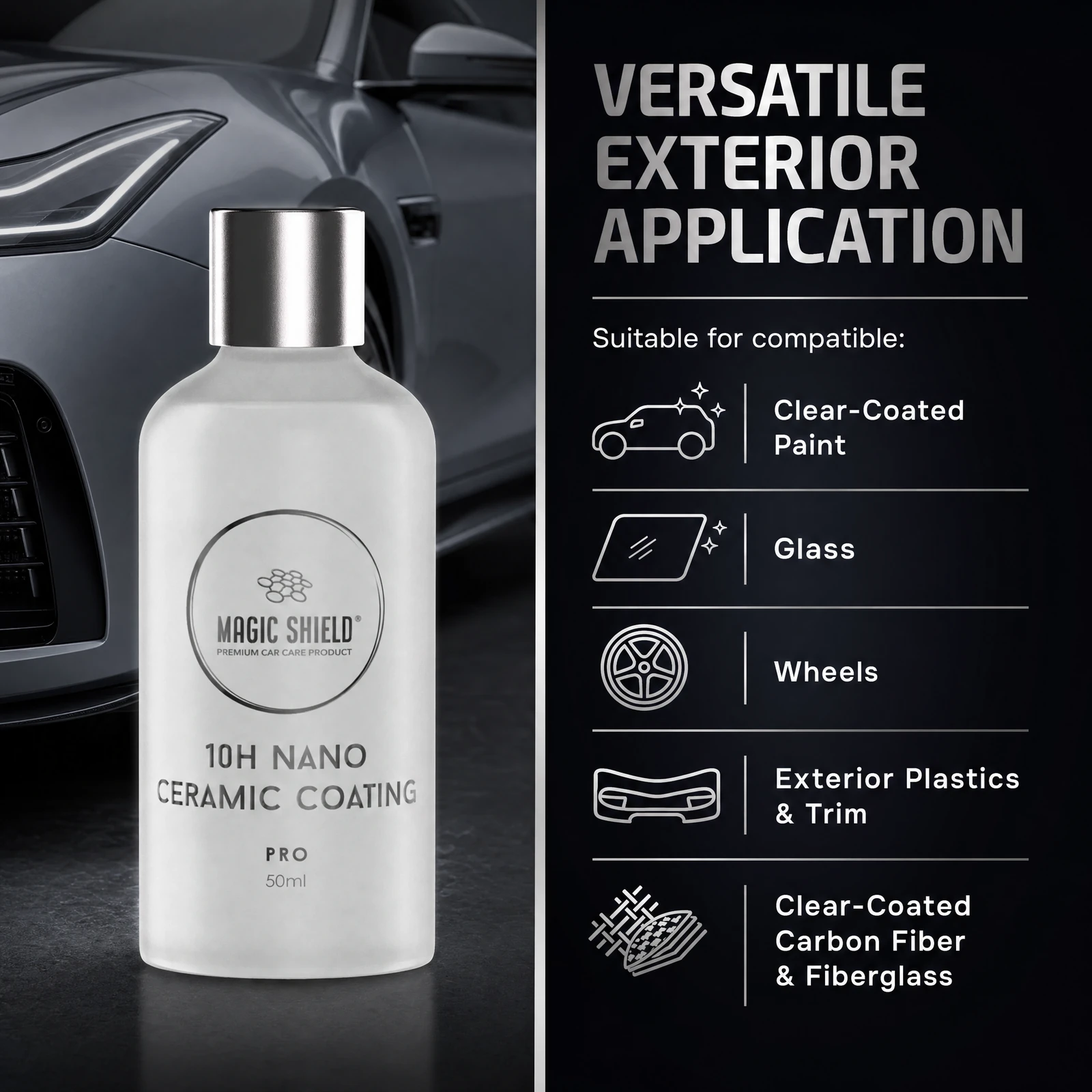 Compatible exterior surfaces for Magic Shield Ceramic Coating PRO 10H