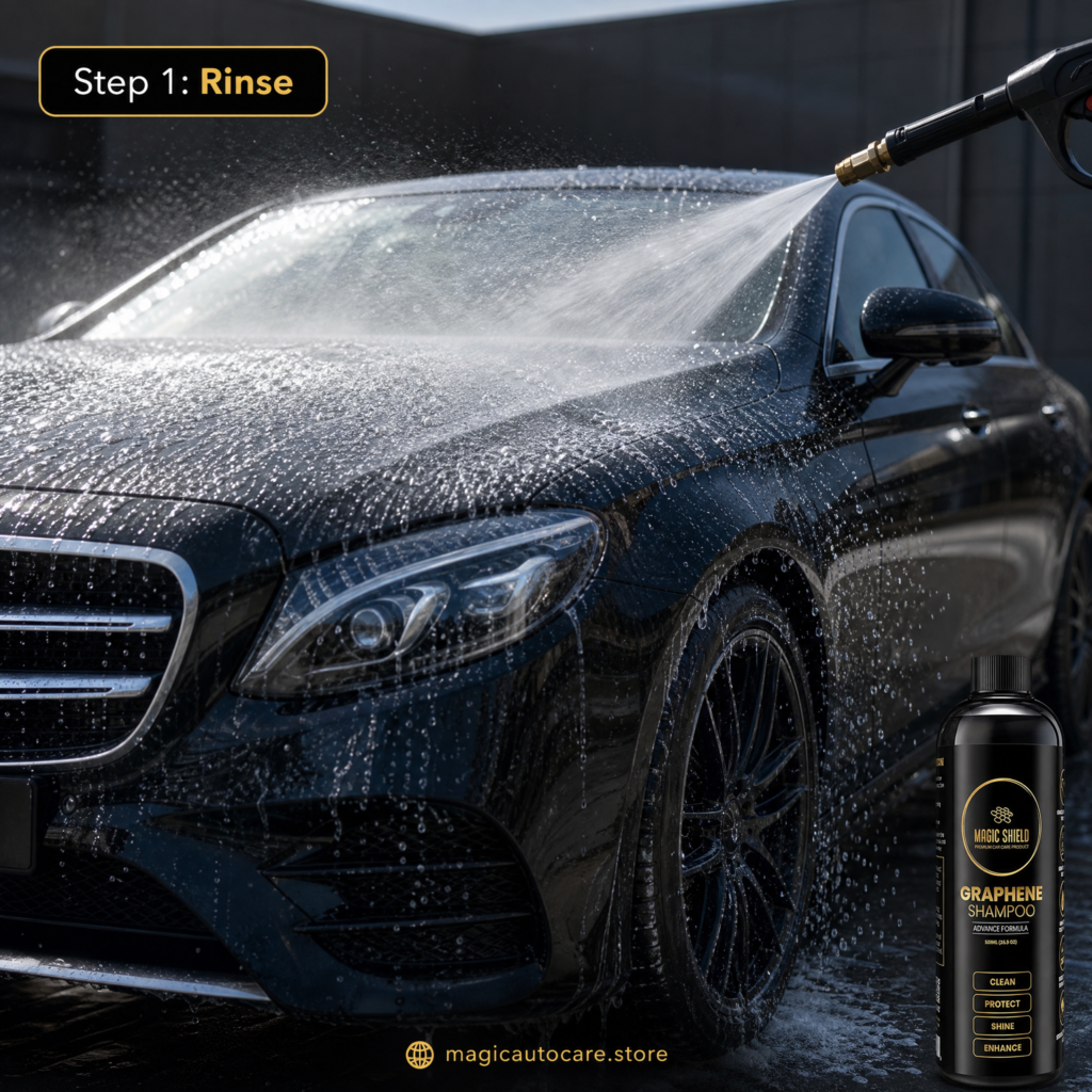 Pre-rinsing a black ceramic coated car with a pressure washer before hand washing