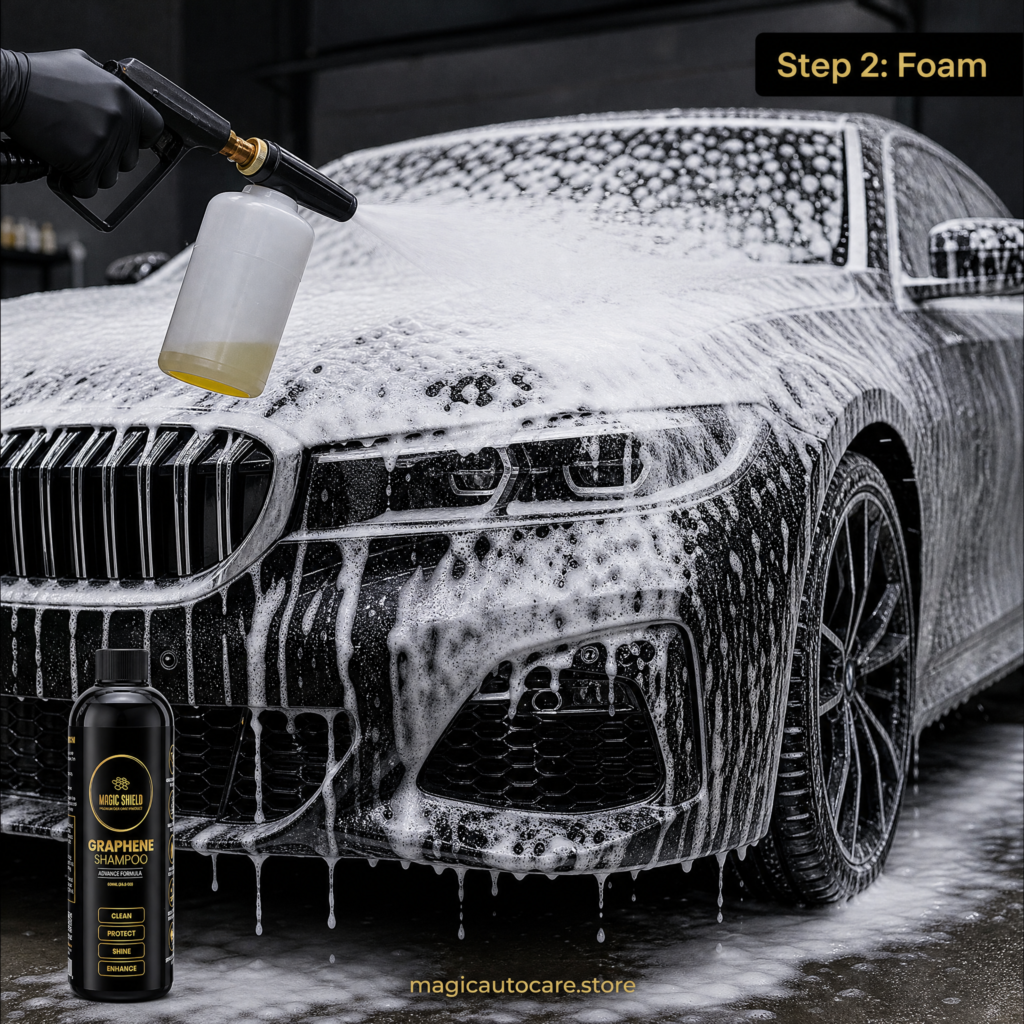 Foam cannon applying a snow foam pre-wash to a ceramic coated car