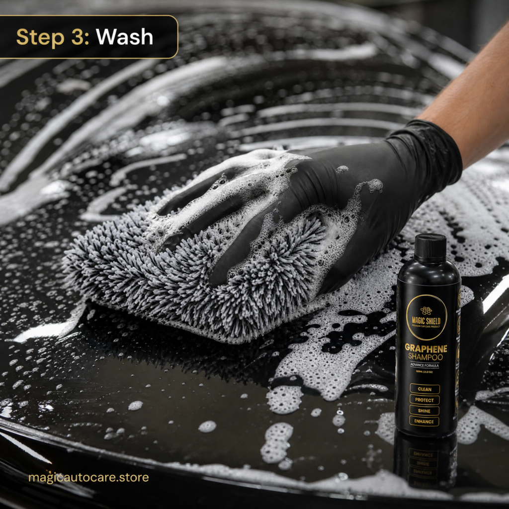 Hand washing a ceramic coated bonnet with a microfibre wash mitt and Magic Shield Graphene Shampoo