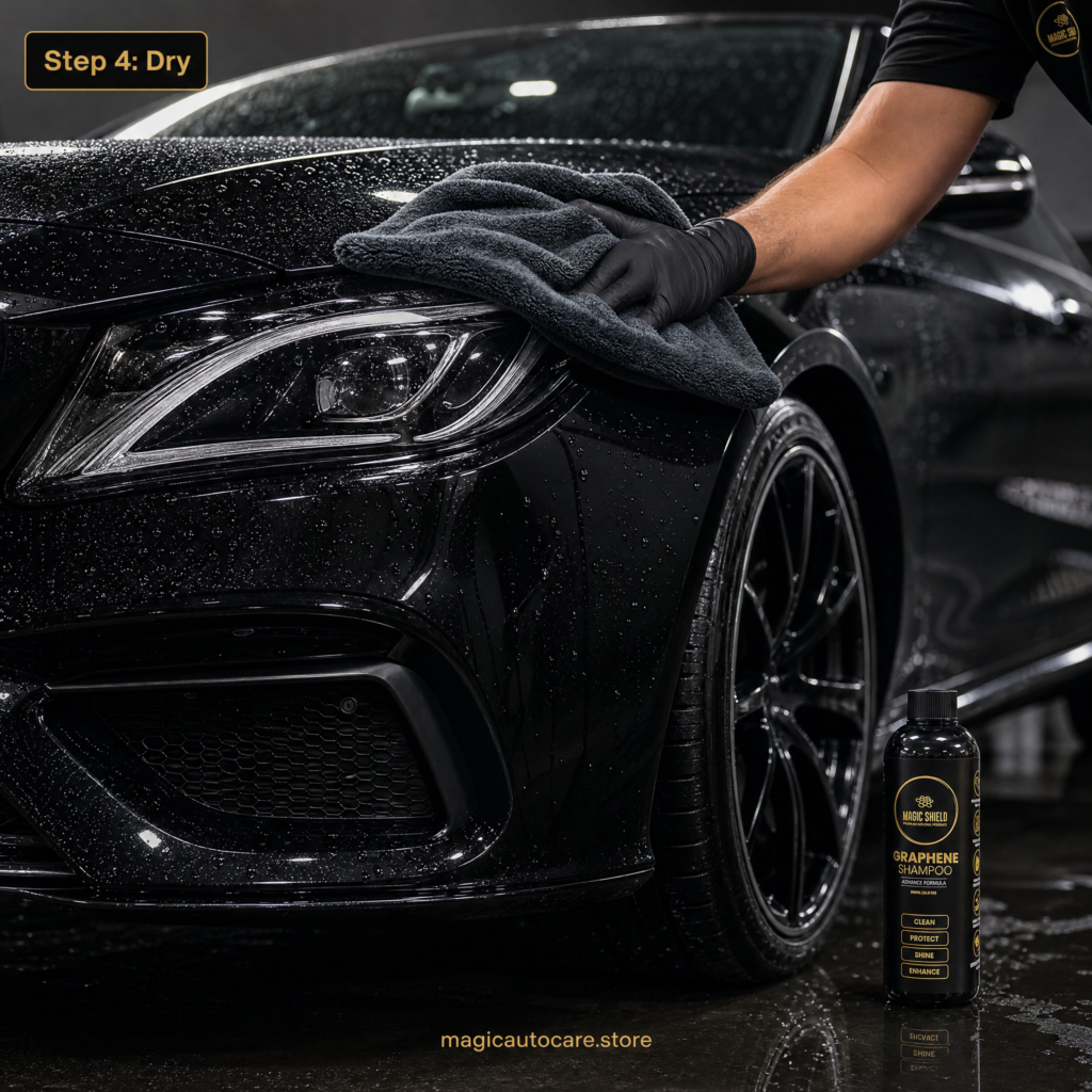 Drying a ceramic coated car with a plush microfibre towel to prevent water spots