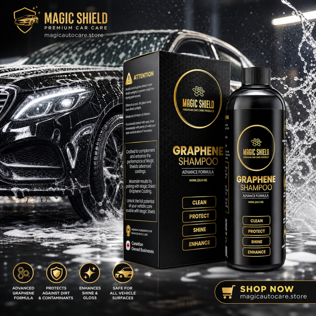 Magic Shield Graphene Shampoo 500 ml bottle and box, a pH-neutral car shampoo for ceramic coated cars